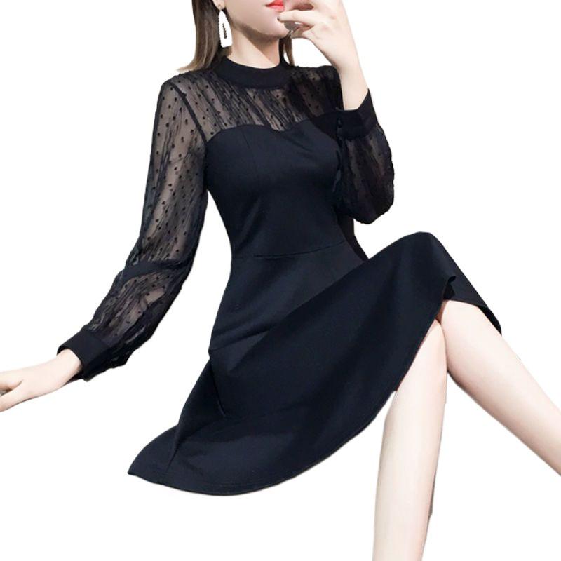 Plus Size Lace Slimming Dress - Cinched Waist, Long Sleeve, Spring & Autumn