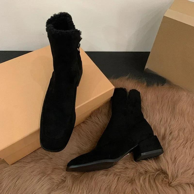2025 NEW Winter Warm Women Snow Boots Fashion Square Low Heel Ladies Elegant Cotton Short Boots Street Style Square Toe Footwear