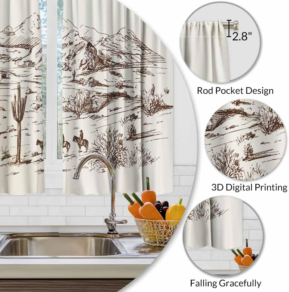 Cowboys Kitchen Curtains American Wild West Desert Riding Horse Cactus Prairie Hill Lanscape Short Tier Curtains for Bathroom Ca