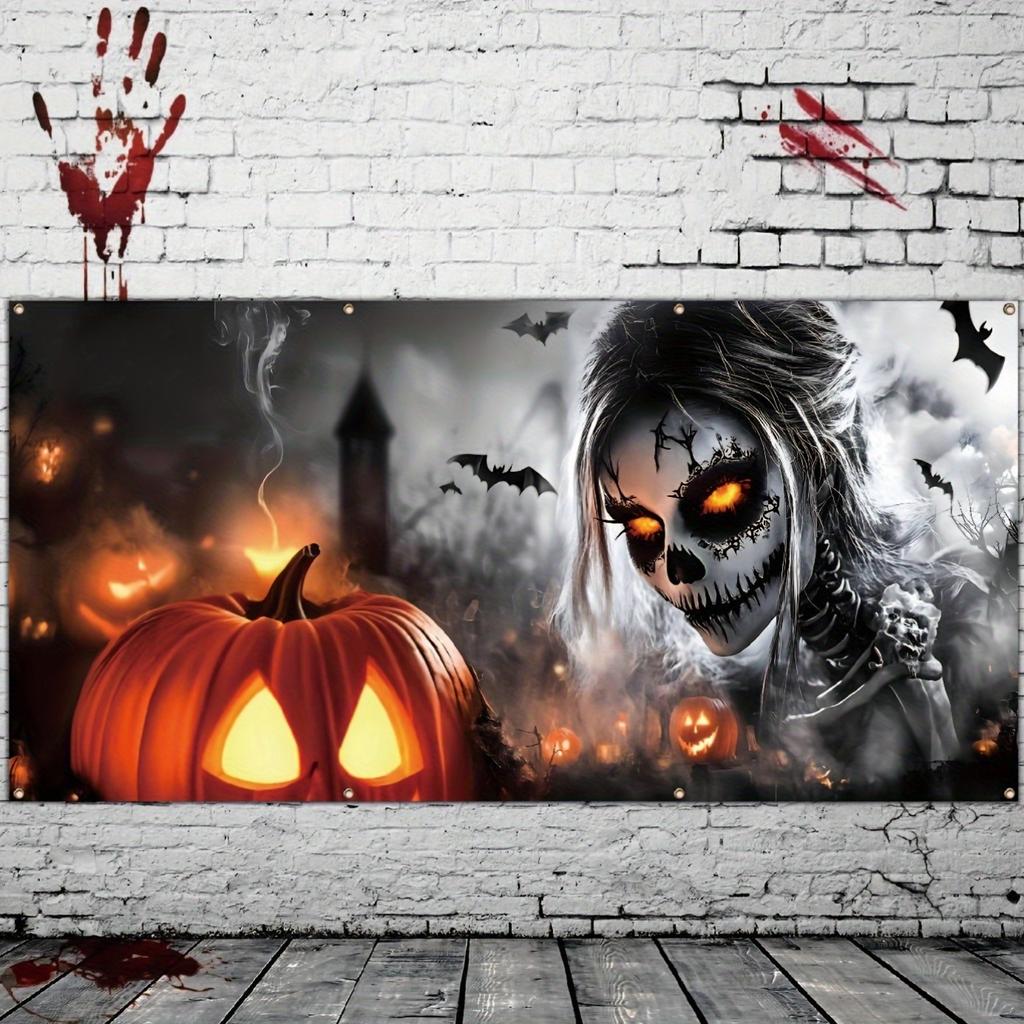 Halloween garage sign depicting a terrifying female skeleton with glowing eyes.PMJ