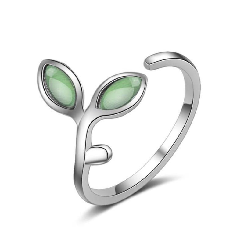 New Fashion Creative Temperament Sweet Opal 925 Sterling Silver Jewelry Green Leaf Female Crystal Opening Rings   R232