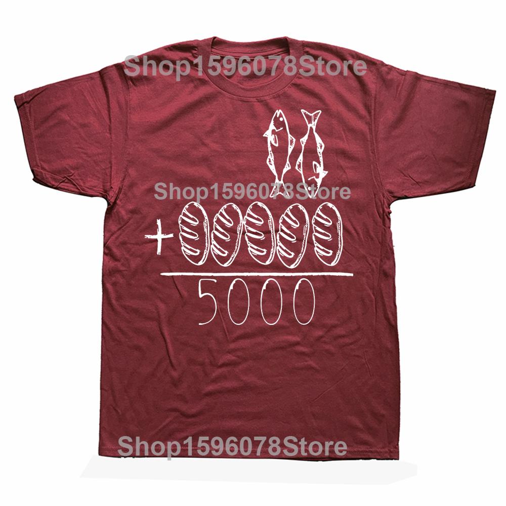 Funny Retro 2 Fishes 5 Breads Jesus Christian Bible Cotton T-Shirt Oversized Unisex Graphic Tees Men's Clothing Streetwear