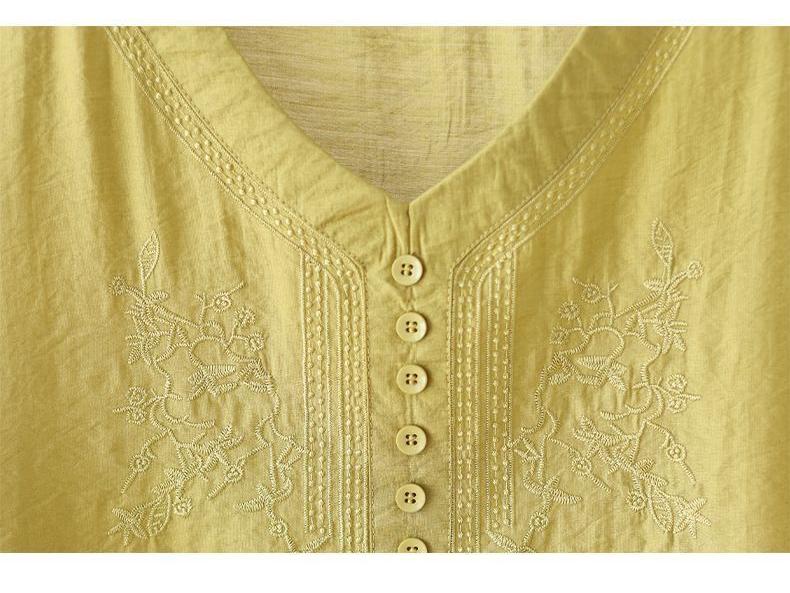 Women's Tencel Linen Embroidered Short-Sleeve Top & Pants Set for Summer - Middle-Aged Mother's Style.