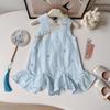 Girls Summer Chinese Embroidered Floral Vest Dress with Ruffled Hem Qipao Cheongsam Dress for Kids