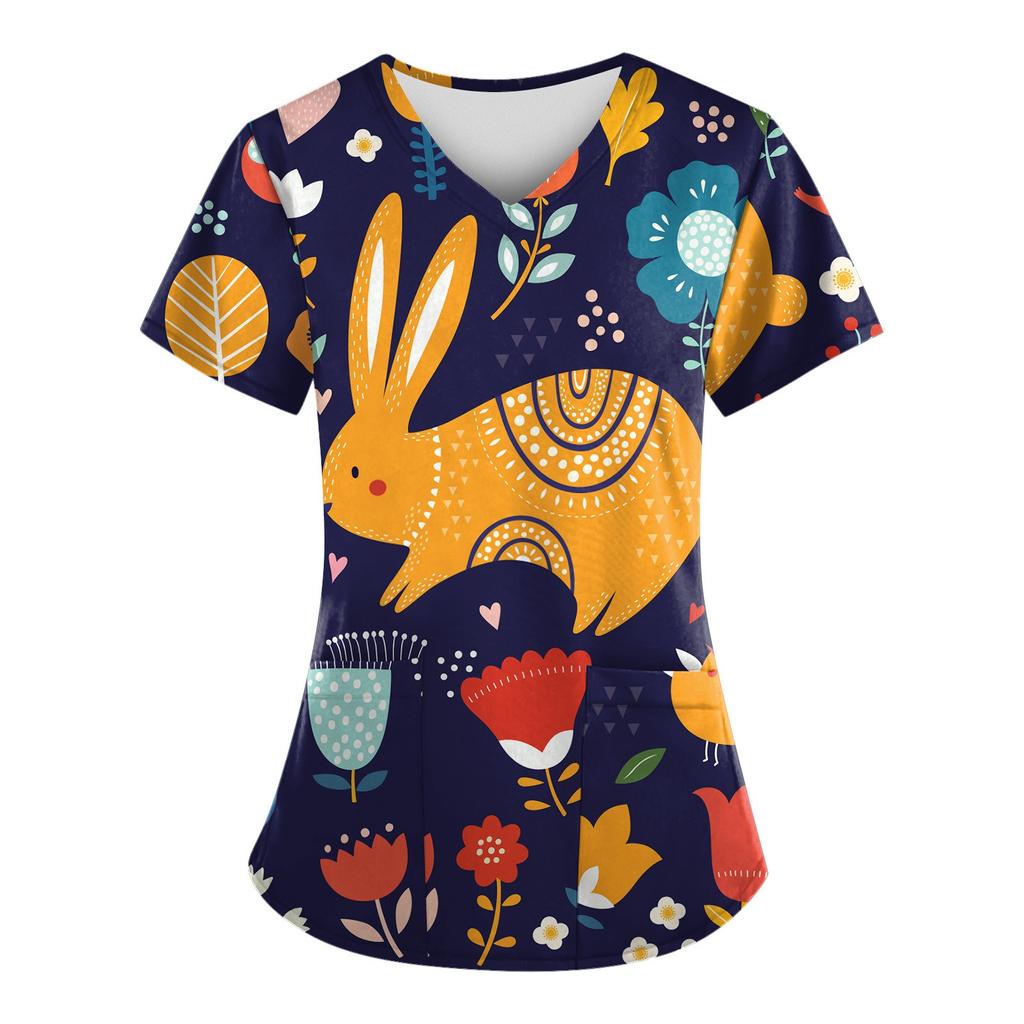 Women Fashion Easter Print V-neck Short Sleeve Workwear With Pockets Tops