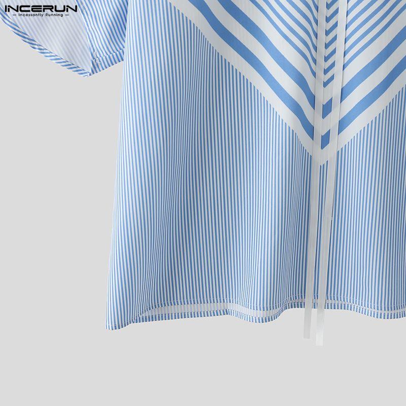 INCERUN 2 Stück Sommer Herren Kurzarm Gestreifte Nähte Hemden und Lange Hosen Übergroße Outfits Sets