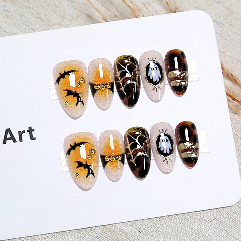 Halloween Wearable Nails Ghost Bat Gilt Gradient Almond Nails European And American Style Removable Finished Fake Nail Patches