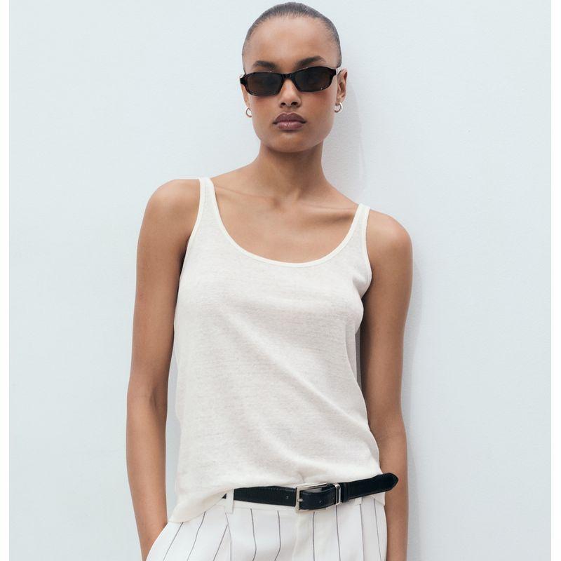 Linen Vest French Style UK Spaghetti Strap Cotton Top Cami Vest Sexy White Large U-Neck Thread Export