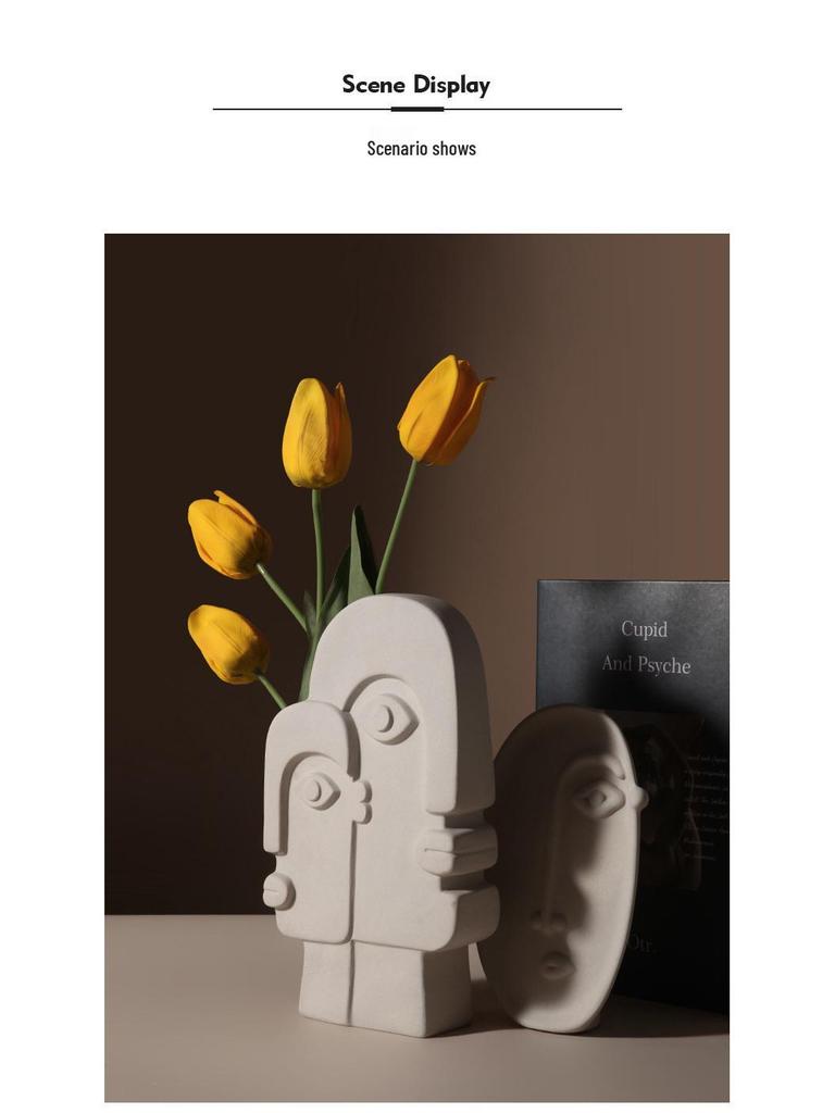 Retro Wabi-Sabi Clay Ceramic Face Sculpture Vase for Home Decoration