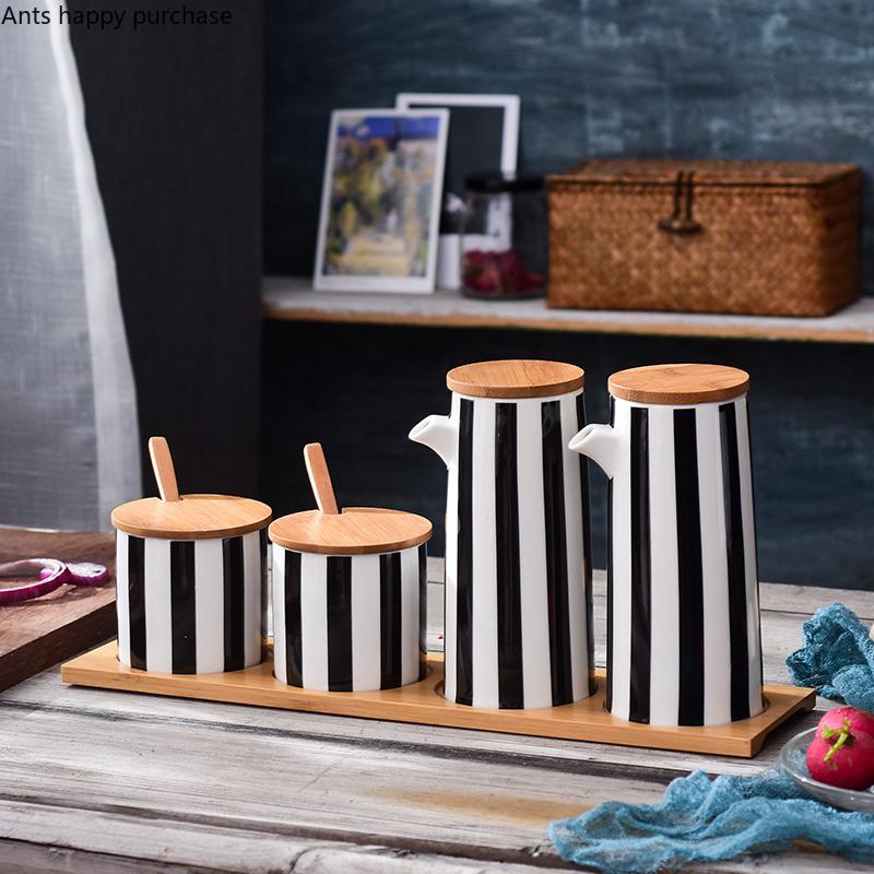 Nordic Black and White Stripes Ceramic Spice Jar Combination Set Salt Sugar Oil Soy Sauce Bottle Vinegar Pot Kitchen Supplies
