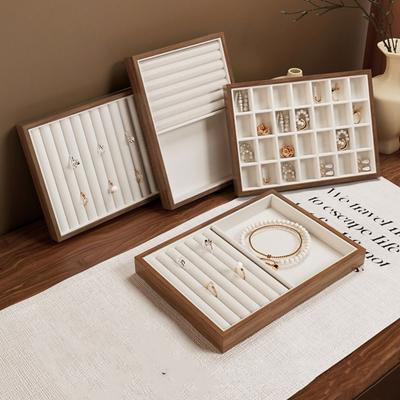 Velvet Wood Rings Tray 28 Grids Jewelry Display Tray Simple Ring Earring Holder  Store