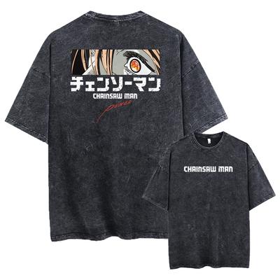 Anime Manga Chainsaw Man T-shirt Lavé Manches Courtes T-shirts Oversize Nouveauté Homme Hauts Streetwear Imprimé
