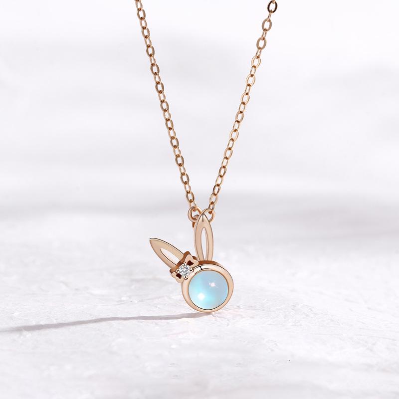 925 Sterling Silver Blue Cat s Eye Rabbit Necklace with Rhinestone Pendant - Korean Style, Simple Niche Design 925 Silver розового золота