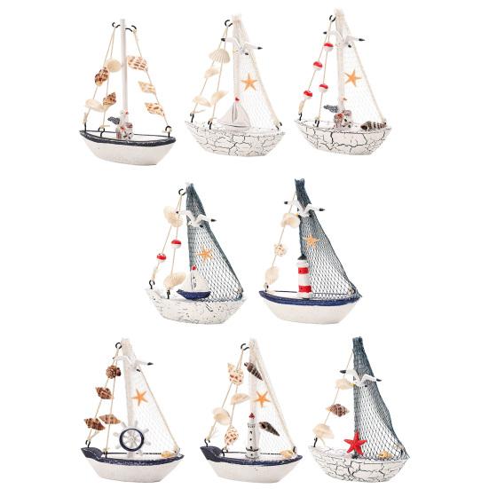 Mini Sailboat Model Nautical Resin Sailing Boat Decoration with Shell Starfish Rustic Vintage Beach Ocean Theme Ship Ornament for Home Office Bedroom
