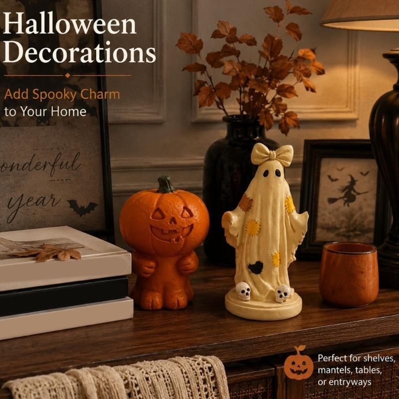 Halloween Pumpkin Figurine Statue for Harvest Home Styling, Detailed Shelf for Desk and Entry Table Display Use