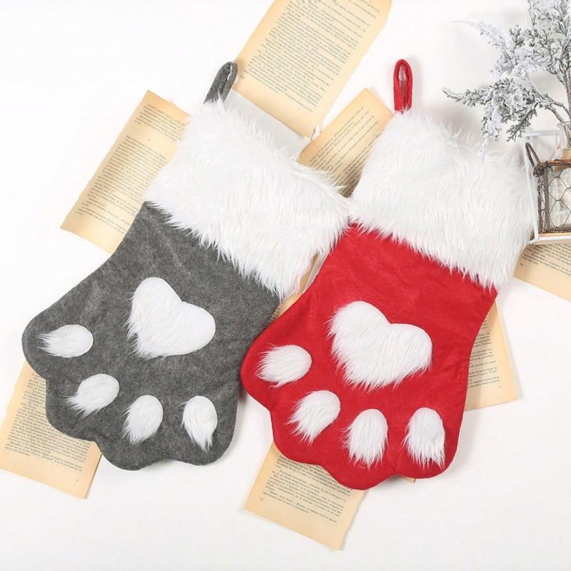 1PC Christmas Stockings, Contemporary Dog Paw Design, Polyester Hanging Socks for Xmas Decorations, Festive Candy Bags