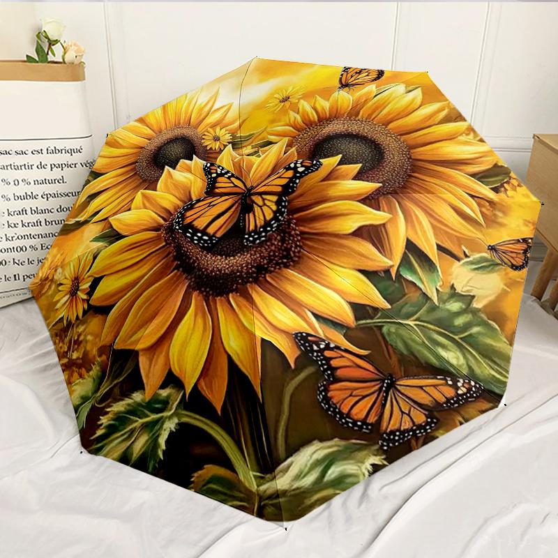 Sunflowers And Butterflies Garden 8-Frame for Travel, Camping, Casual Lightweight Portable Umbrella, Essential for Every Family Holidays Birthday Gift