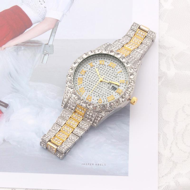 New European Rhinestone & Steel Watch with Hip Hop Cuban Bracelet