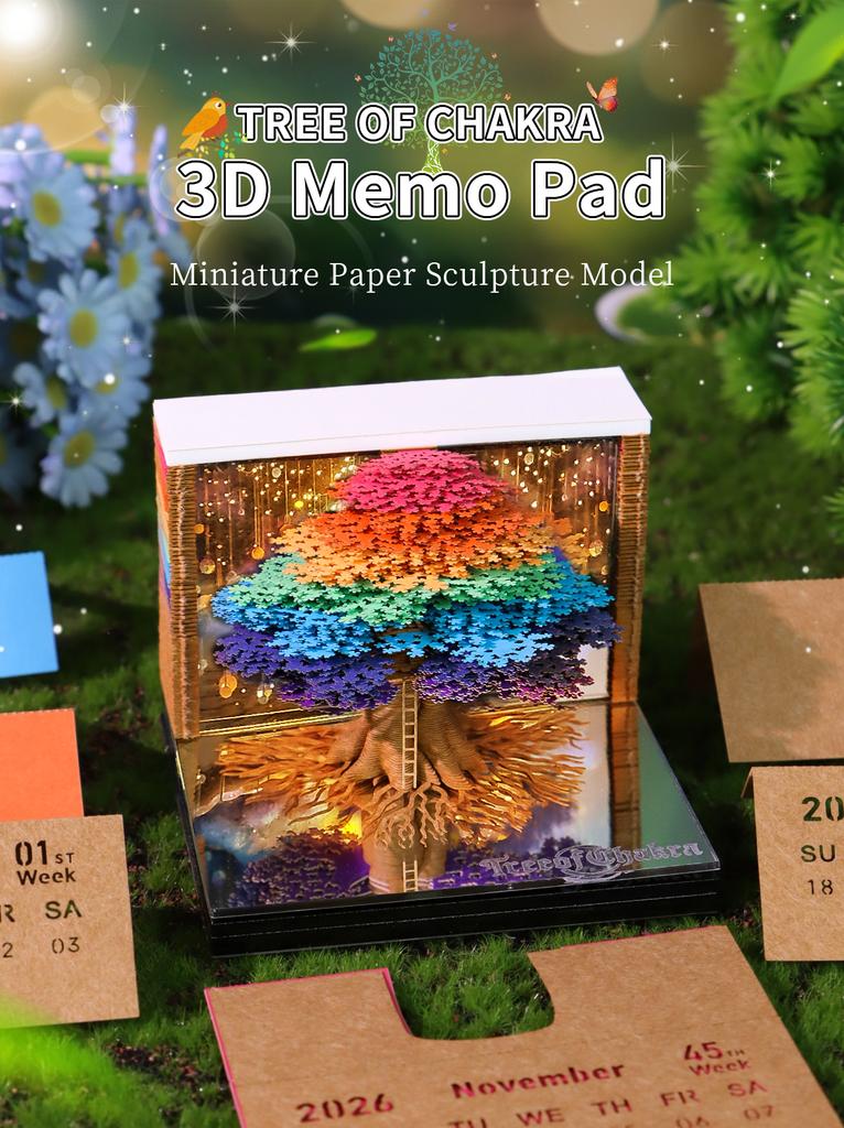 3D Chakra Tree Memo Pad, Rainbow Tree of Life Paper Craft Sticky Notes Cube with LED Light, Unique Office Gift