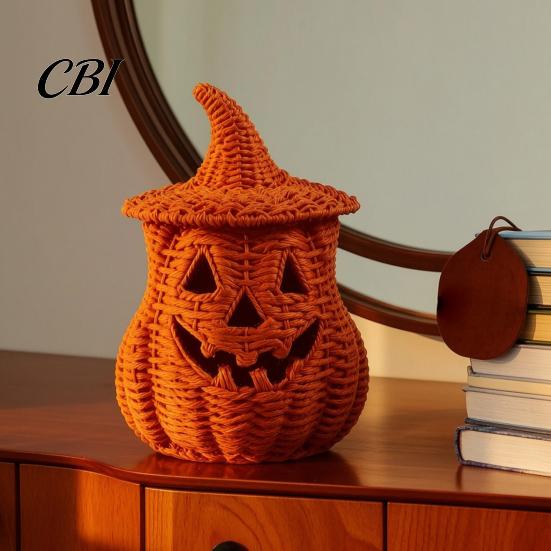 Rustic Fall Aesthetic Halloween Pumpkin Lantern Tabletop Decor, Woven Witch Hat Candy Bowl & LED Decor Prop, Gothic Centerpiece for Home Shelf Mantel