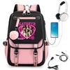 Rucsac Școlar KATSEYE cu Port de Încărcare USB, Bloc de Culori Negru Roz Violet, Rezistent la Apă, Capacitate Mare, Ghiozdan 60123-19