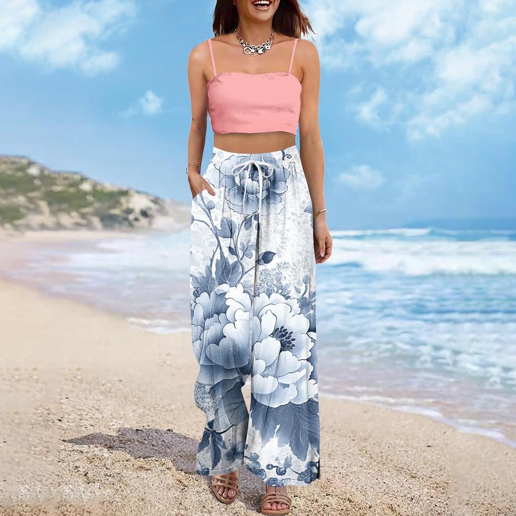 Women's Wide Leg Pants With Elastic Waistband Printing Large Pockets Patchwork Edge, Loose Pants