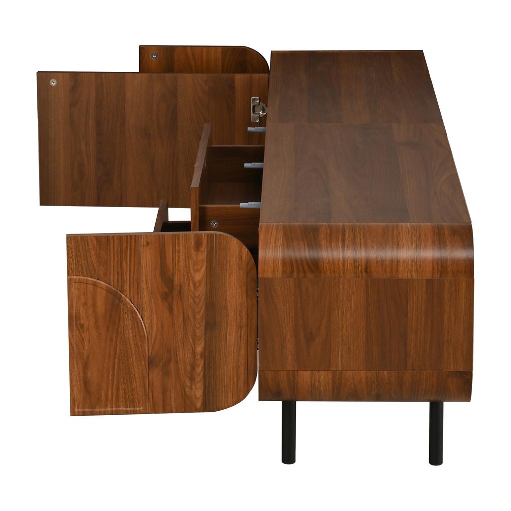Mueble de TV con 3 Puertas, 2 Cajones, Ranuras Verticales, Relieves Arqueados, Esquinas Redondeadas, Patas Metálicas, Estilo Mediados de Siglo, Aberturas para Cables,