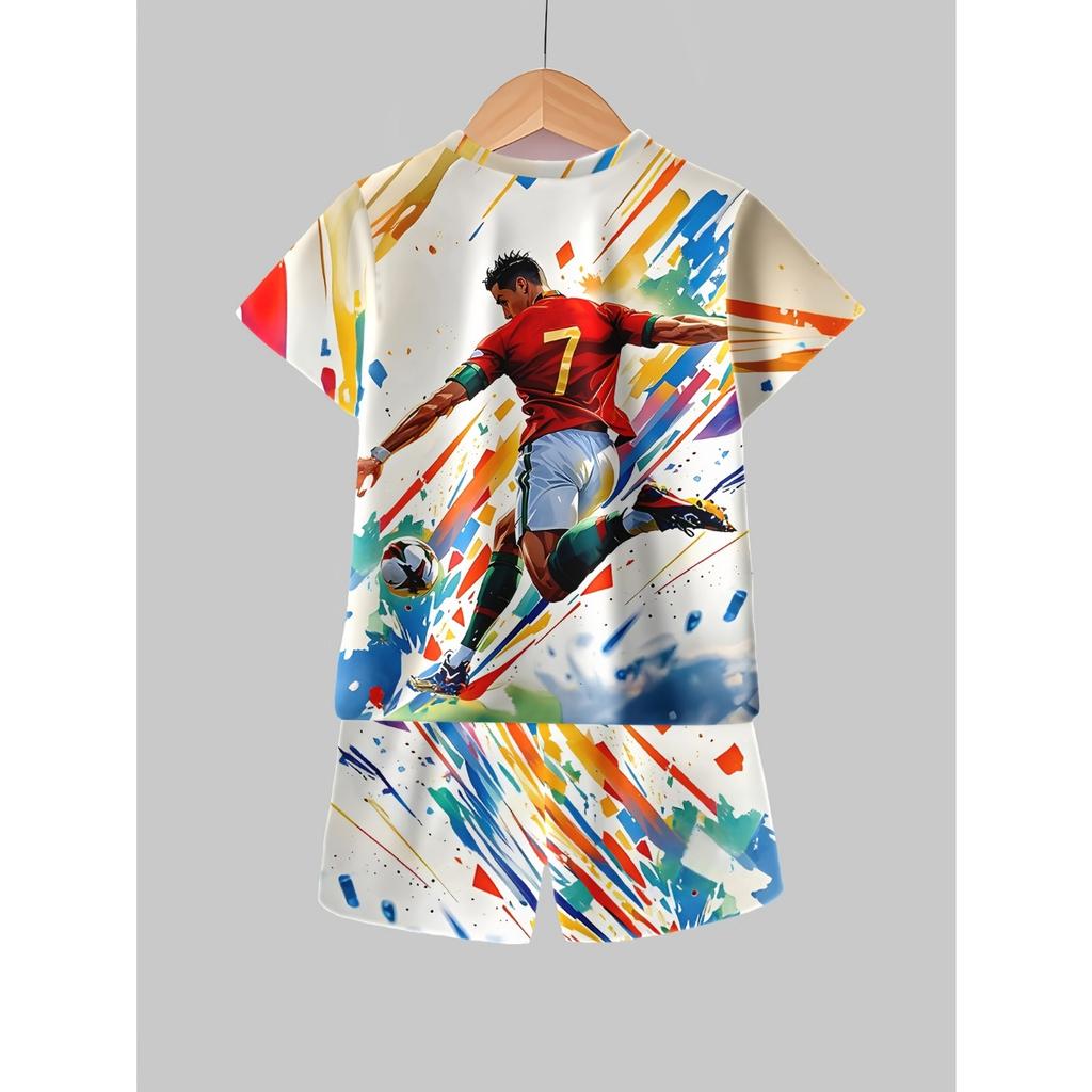 Boys' Vibrant Soccer-Themed 3D Printed Casual Outfit - Polyester Short Sleeve T-Shirt  Shorts Set