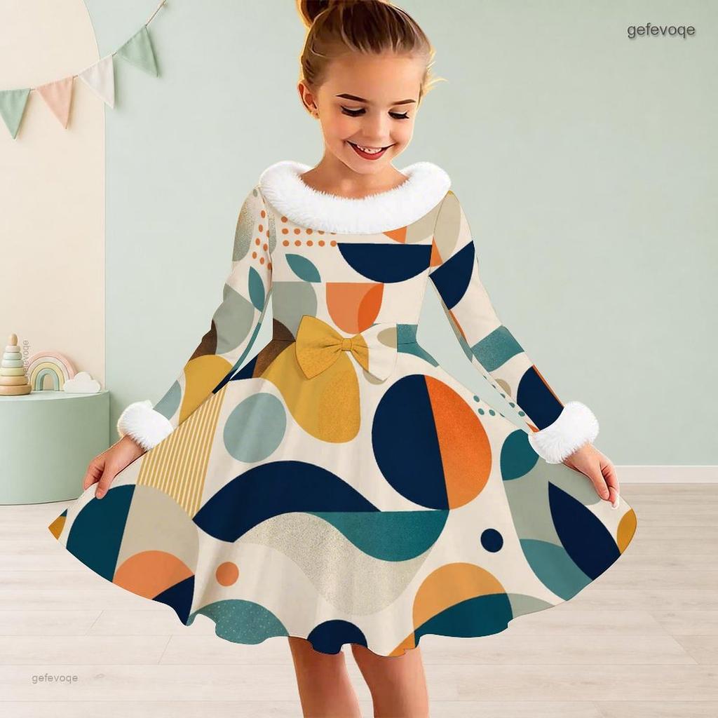 Girls High Neck Long Sleeve Geometric Printed Green Khaki Bow Decor Furry Trim A Line Flared Dress