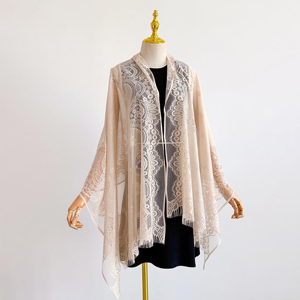 Women's Lightweight Lace Shawl Scarf Openwork Tassel Wrap Beach Cover Up Sun Protection Travel Accessories for Summer