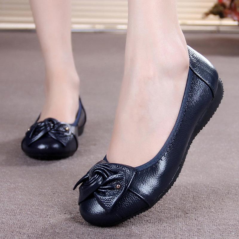 Spring Shoes Woman Flats Genuine Leather Slip On Ballet Flats Bowknot Casual Women Shoes Moccasins Loafers Plus Size 43 WSH3376