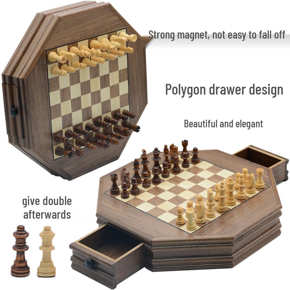 Octagonal Wooden Magnetic Chess Puzzle Board with Solid Wood Drawer for Chess Piece Storage