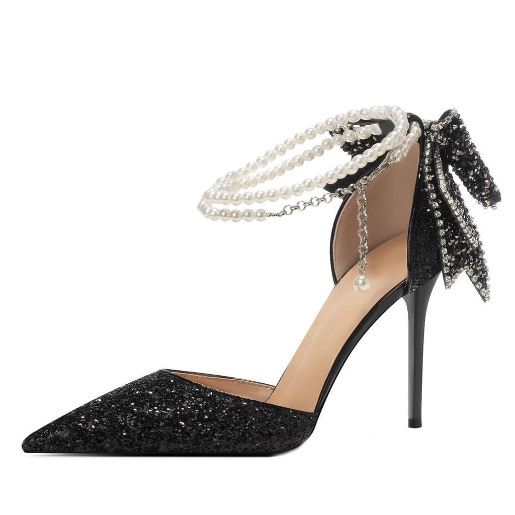 French Pointy Shallow Mouth Temperament Elegant Sequin Bow High Heels Women's Fine Heel Pearl Line with A Single Shoe