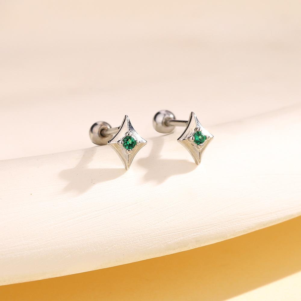 Cercei cu mărgele cu șuruburi de stea cvadruple cu diamant verde, design rafinat și simplu, cercei cu zirconiu Sense Star, mărgele spiralate, cuie pentru urechi