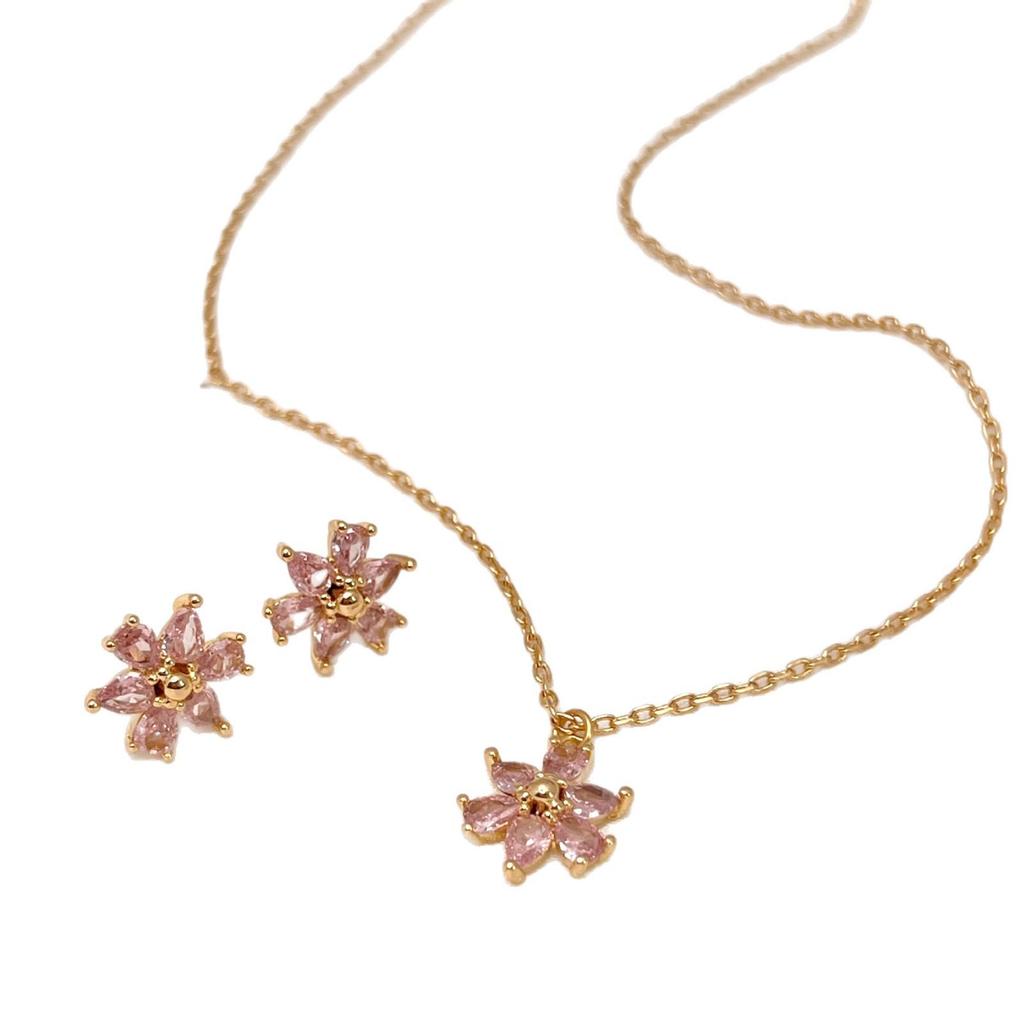 Rosa Kristall Kirschblüten Halskette & Diamant Ohrstecker – Damen Trendiges, Vielseitiges Modeschmuckset