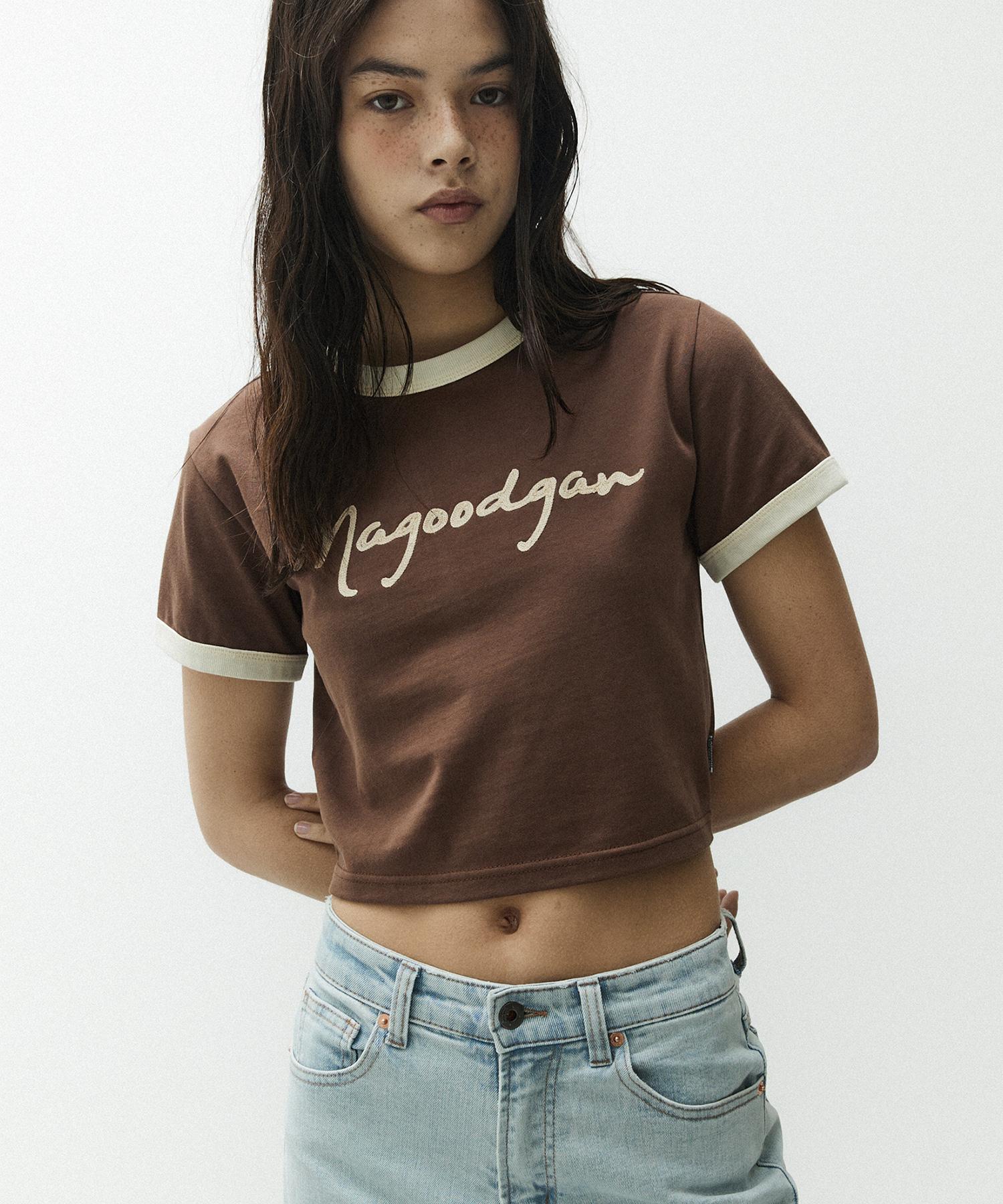 Mc Wood Gun Lydia 3617 Color Block Chain Embroidery Slim Fit Brown Crop Short Sleeve Tee M