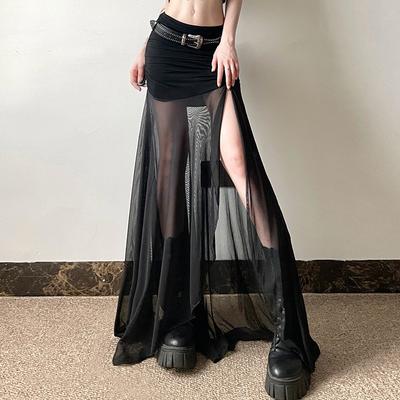 Summer Women's Solid Color Slim-fit Street Fashion High-waisted Gauze Mesh Slit Skirt