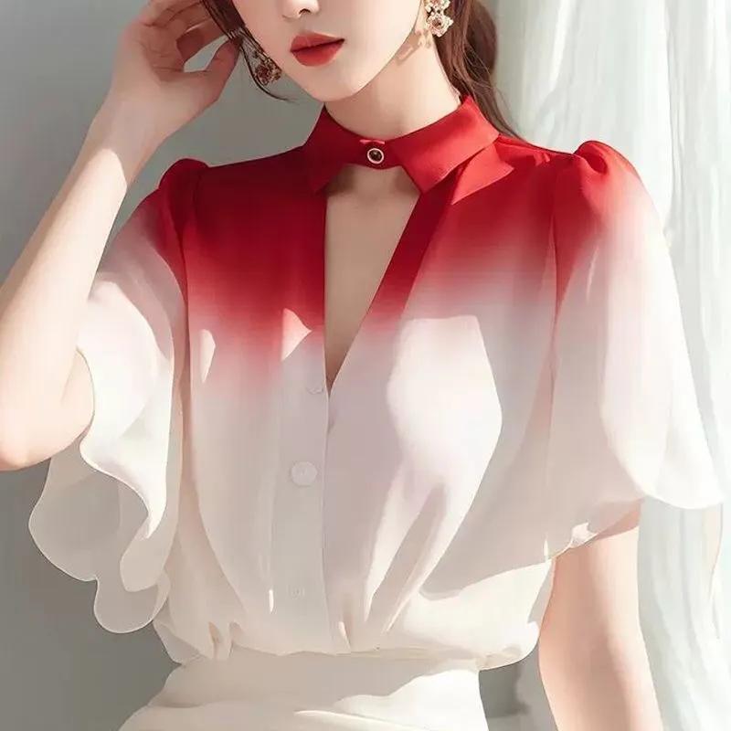 

Women s Summer Gradient-Print Blouse: A Chic French Chiffon Top XXS красный