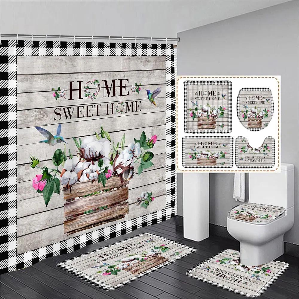 Tulip Flower Basket Rustic Wood Panel Shower Curtain And Rug Bathroom Set Home Washable Hanging Curtain Bath Mats Bathroom Decor