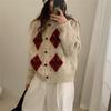 Women's Korean Argyle Knit Cardigan: Retro Round Neck Sweater for Autumn/Winter