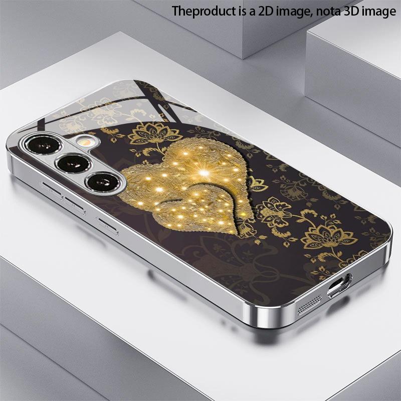 Coque de téléphone 2D à motif cœur brillant pour Samsung S26 S25 S24 S23 S22 S21 S20 A56 A36 A16 Housse de protection en verre plaquée électro