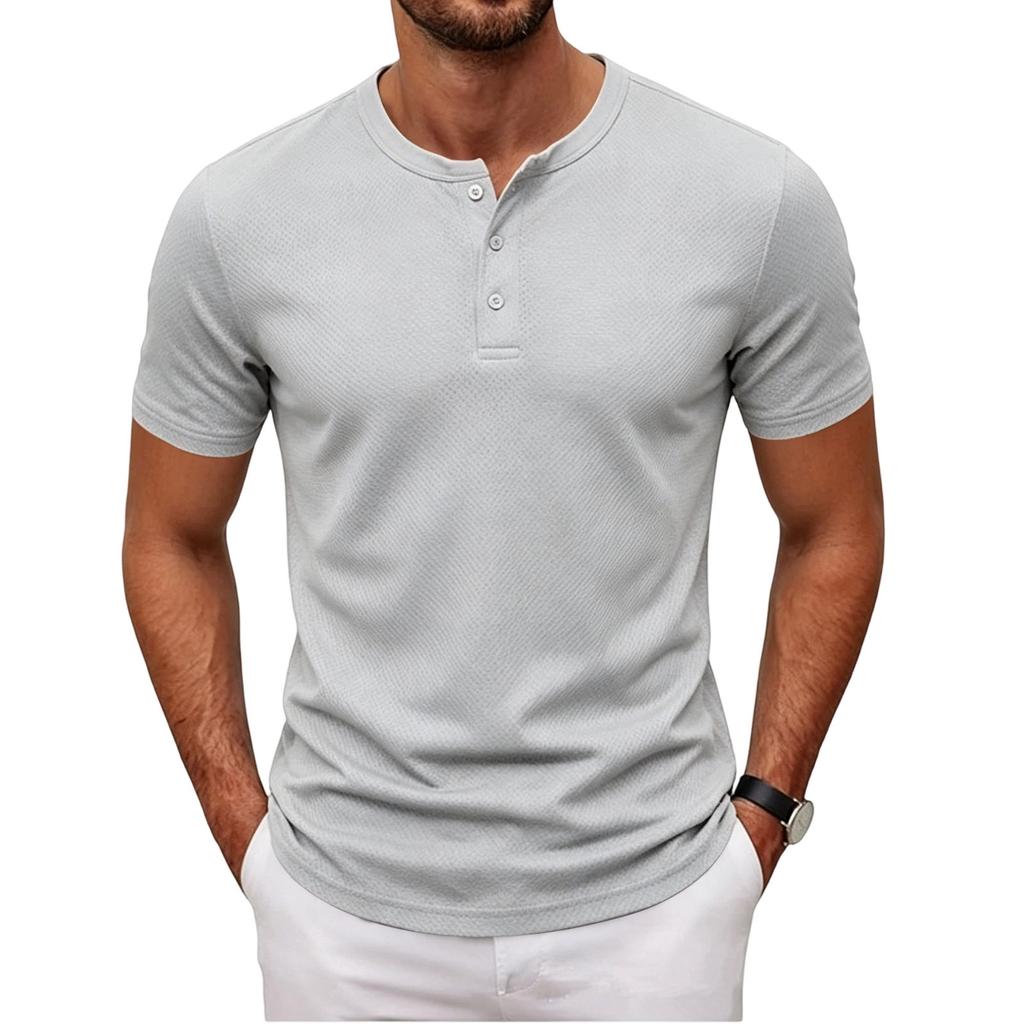 Men’s Short Sleeve Henley Shirt with Button Placket Casual Slim Fit Athletic Basic Solid Crew Neck Tee for Everyday Wear