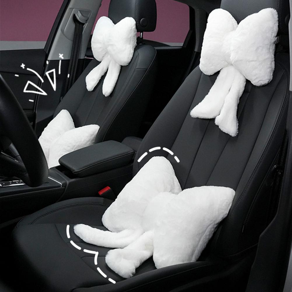 Soft Car Neck Pillow Lumbar Support Plush Bow Car Headrest Pillow Soft Lumbar Support Cushion Comfortable Waist Pillow