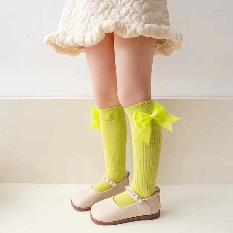 

Носки для девочек с жемчужным большим бантом, милые носки принцессы из телячьей кожи, детские носки из чесаного хлопка, для малышей и младенцев, до колена one size зелёный