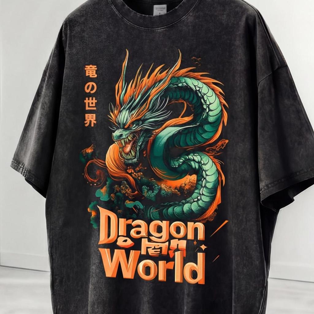 PREMIUM Japanese Dragon Oversize Snow Washed T-Shirt, Streetwear, Harajuku, Japan Inspired, Asian Dragon, Acid Washed Shirt,