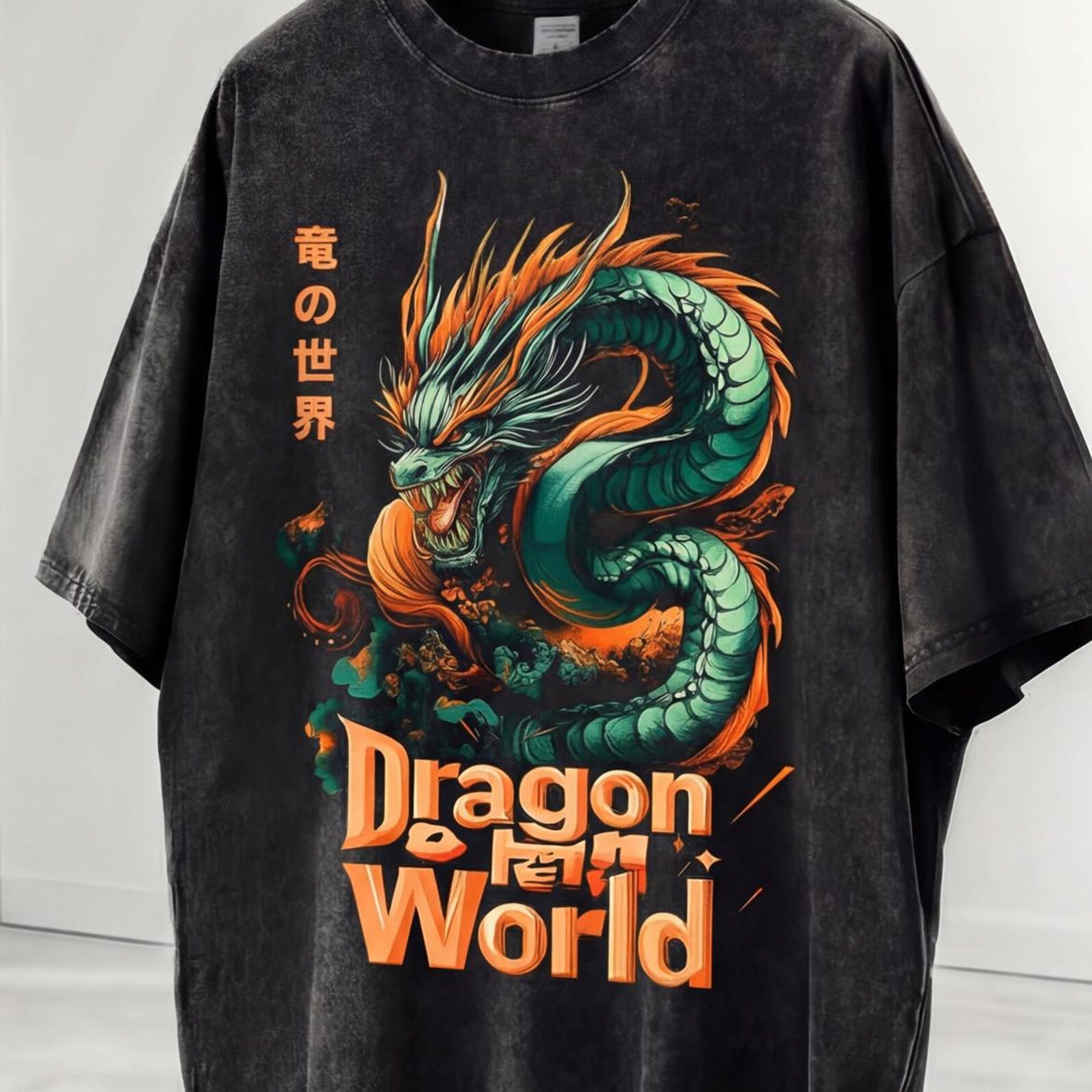 PREMIUM Japanese Dragon Oversize Snow Washed T-Shirt, Streetwear, Harajuku, Japan Inspired, Asian Dragon, Acid Washed Shirt, 2XL