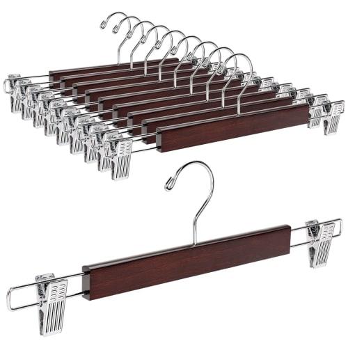 Amber Home Wooden Pants and Skirt Hangers, Set of 10, for Pants and Slacks, Shape-Retaining, Non-Slip, Adjustable, Strong Clips, Wrinkle-Resistant, Ro