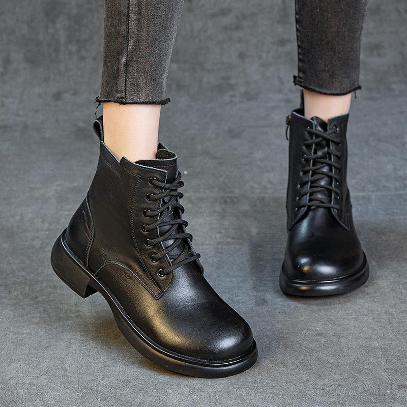 First layer cowhide British style retro Martin boots autumn and winter new velvet thick heel soft sole versatile comfortable short women's boots