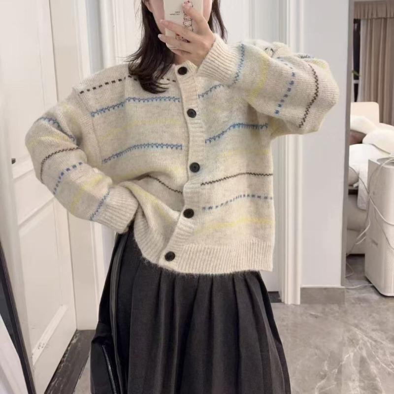 

New autumn top striped contrasting color knitted cardigan women s loose lazy wind age-reducing women s sweater jacket one size fits all