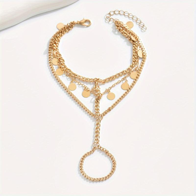 Simple Multi-Layer Alloy Finger Chain Pendant Round Disc Linked Hand Jewelry Fashionable Cross-Border Minimalist Design
